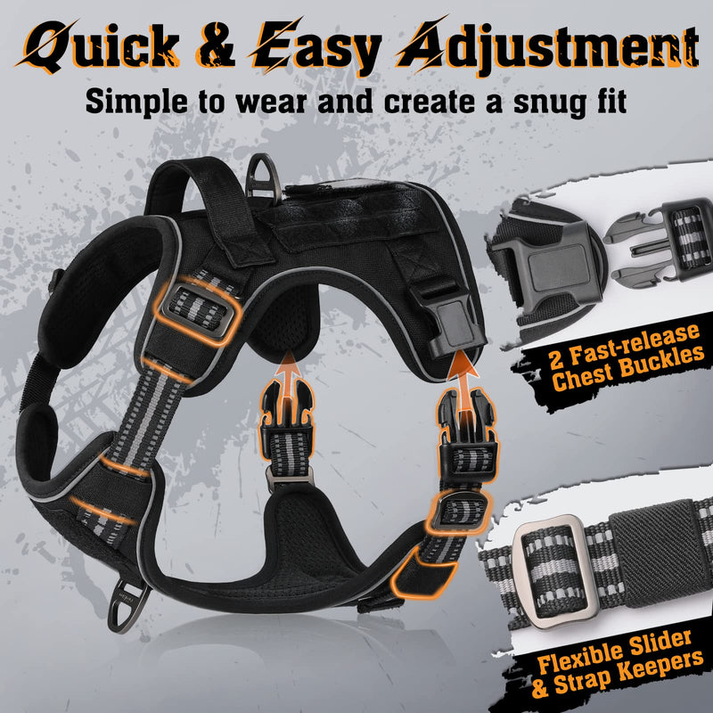rabbitgoo Dog Harness for Large Dogs No Pull, Tactical Service Dog Vest with Molle and Control Handle, Adjustable and Reflective Military Pet Harness for Easy Walking and Training, Black, L - PawsPlanet Australia