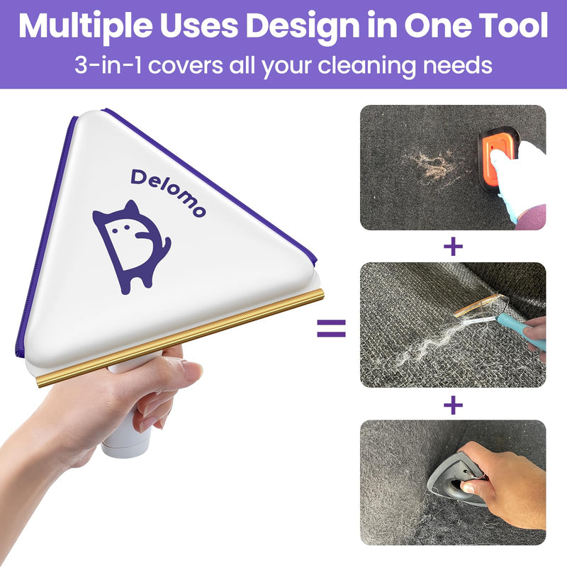 Multi-Use Pet Hair Removal Tool: DELOMO Handheld Fur Rake Scraper – Metal Side for Deep Cleaning on Carpets, Rugs & Car Mats, and Rubber Side for Gentle Cleaning on Couches – Ideal for Pet Homes A: Purple