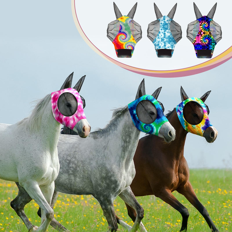 Chunful 6 Pcs Horse Fly Masks with Ears Smooth and Comfortable Mesh Fly Mask Elasticity Breathability UV Protection Horse Face Covering for Riding Supplies(Tie Dye,Medium) Tie Dye Medium
