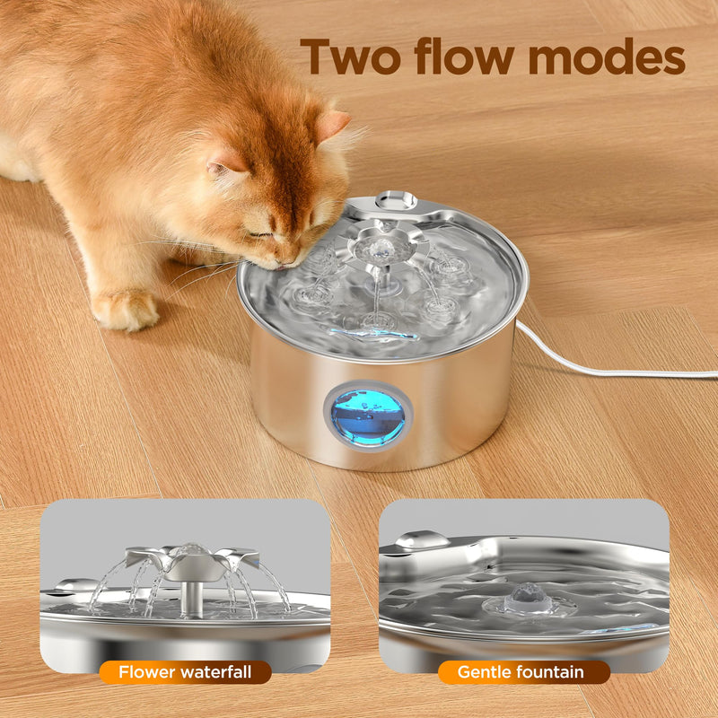 Stainless Steel Cat Water Fountain: 88oz/2.6L Ultra Quiet Pet Fountain with Flower Kitty Spout & LED Blue Light Water Dispenser with Water Level Window for Cats/Dogs Indoor (Silver) - IHOUONE cat Fountain + 1 Filters & 1 Sponges - PawsPlanet Australia