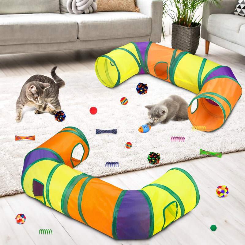 25 Pcs Cat Toys Set,Kitten Toys for Indoor Cats,Collapsible Cat Tunnel Tubes Interactive Feather Teaser Wand Toy for Kitten Cats Springs Mouse Crinkle Toys Rainbow Football Cat Ball with Bell Toy 4PCS L Shape Cat Tunnels - PawsPlanet Australia