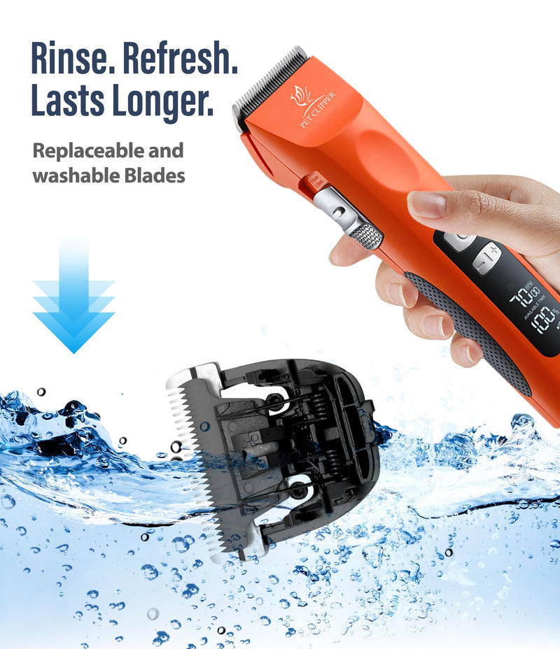 Professional Dog Grooming Clippers with 17H Runtime & Replaceable 440C Blade, 5-Speed Low Noise Electric Dog Shaver for Thick, Matted, Curly Hair, Cordless Clipper for Groomer & Home Use, Orange Clipper+10FC Blade - PawsPlanet Australia