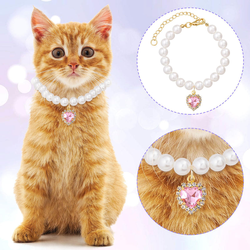 Cat Dog Pearl Necklace Collar 2pcs, Small Cat Collar Pear Dog Necklaces Cute Fancy Jewelry Accessories with Heart Shape Rhinestone White Pink Wedding Birthday Party for Puppy Pets Small Dogs - PawsPlanet Australia