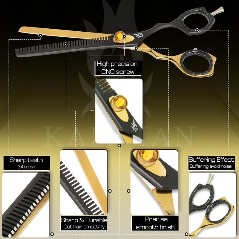 Dog Grooming Scissors – 7.5” Thinning Shears with 34 Teeth, Chunkers for Dogs & Cats, Precision Cut with 440C Stainless Steel, Designed for Groomers and Pet Owners Golden/Black Thinning Scissors - PawsPlanet Australia