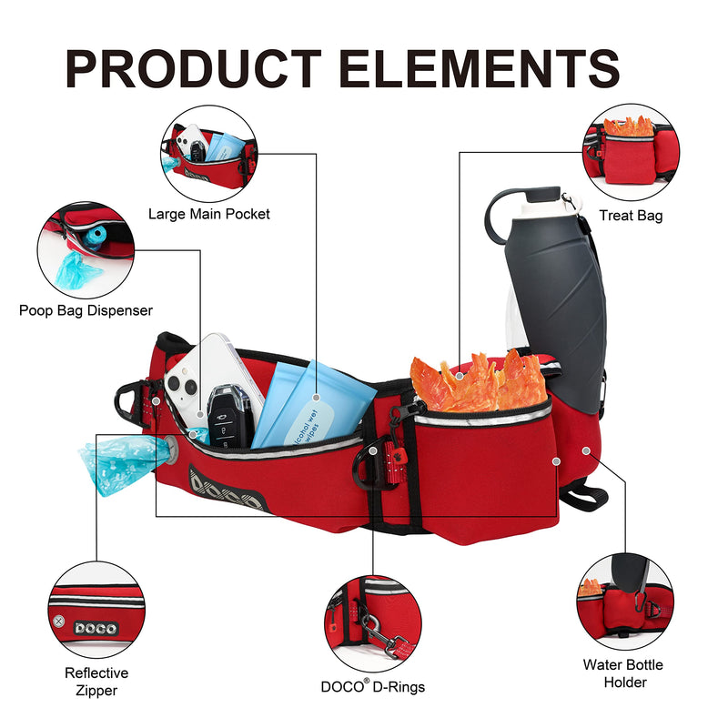 DOCO Heavy Duty Hands Free Dog Leash, Retractable Bungee for Running Walking Jogging, Training, Hiking │ Adjustable Waist Belt, Reflective Stitches, Dual Handle (Medium-Large Dogs, 20-100 lbs) Red Original - PawsPlanet Australia