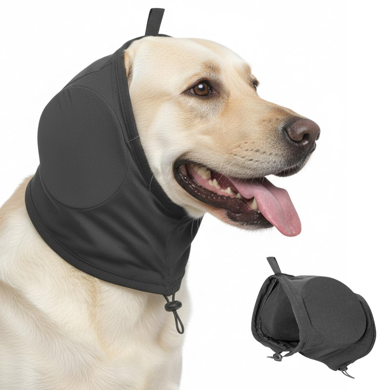 Dog Ear Defender Noise Cancelling - Warm Dog Ear Protector Muff Warp for Calming Anxiety Relief Hear Protection Adjustable Puppy Head Cover Hat for Sleep Groom Drying Firework Thunder Black