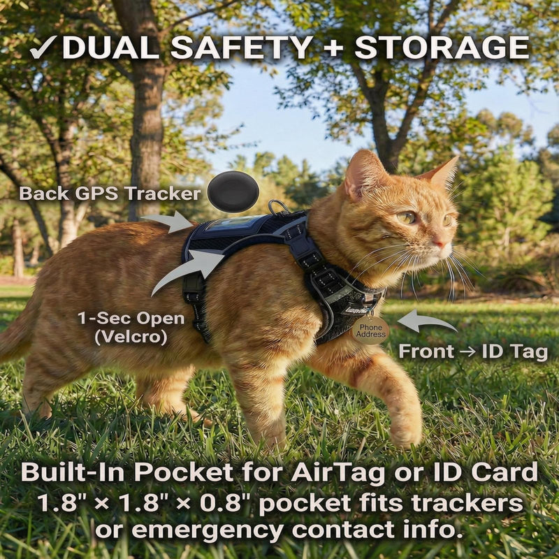 Luxelle Escape-Proof Cat Harness and Leash Set – Adjustable No Pull Soft Vest with 360° Reflective Straps, Built-in Pocket & Wrist Strap, Breathable Mesh Outdoor Harness Black XS