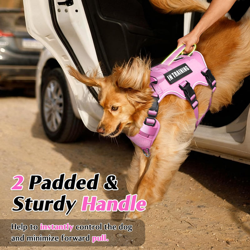 WINSEE Escape Proof Dog Harness, Service Working Molle Harness with Double Handle, Tactical Pet Vest with 4 Patches for Small Medium Large Dogs Walking Hiking Hunting Pink