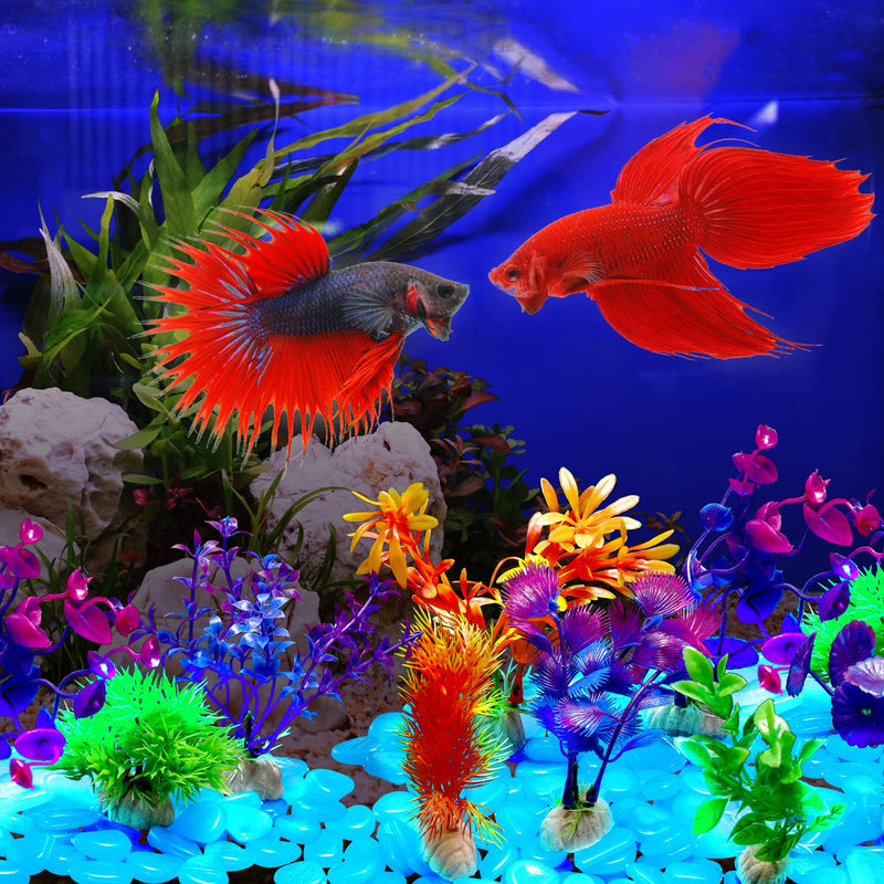 Jexine 100 Pcs Fish Tank Rocks Glow Blue, Fish Tank Stones Accessories Gravel with 10 Pack Artificial Aquatic Plants Fish Tank Plants Plastic Coral Reef Decorations for Aquariums - PawsPlanet Australia