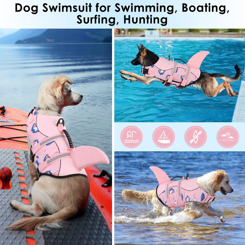 Dog Life Jacket, Large Dog Life Vest for Swimming Boating, Shark Life Jackets for Small Medium Large Dogs, Reflective Dog Lifesaver Life Preserver Swimsuit with Rescue Handle and High Buoyancy X-Large Pink Dophin Shark - PawsPlanet Australia