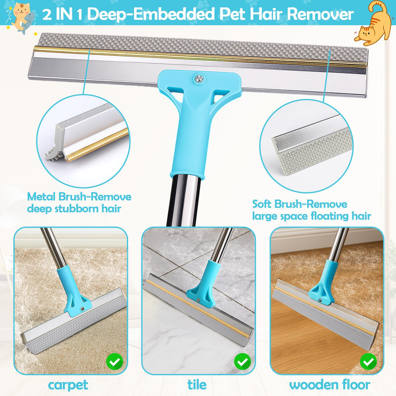 3PCS Pet Hair Removal Tool - Reusable Carpet Rake for Deep Stubborn Cleaning with Copper Head Scraper and Silicone Scraper, 52" Adjustable Long Handle Dog Hair Remover Broom for Sofa, Rugs, Couch, Car - PawsPlanet Australia