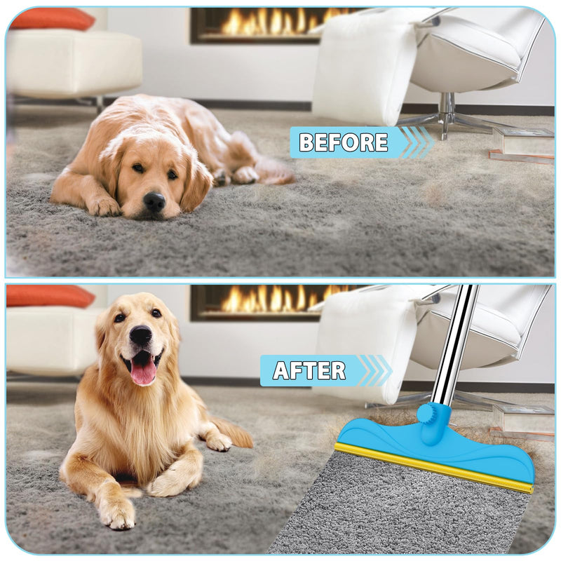 3 in 1 Carpet Rake for Pet Hair Removal, 60” Adjustable Long Handle Pet Hair Remover, Tool Set of 3, Reusable Carpet Scraper Dog Cat Pet Hair Removal Broom for Carpets, Car Mat, Pet Bed, Rugs 60inch Deepblue - PawsPlanet Australia