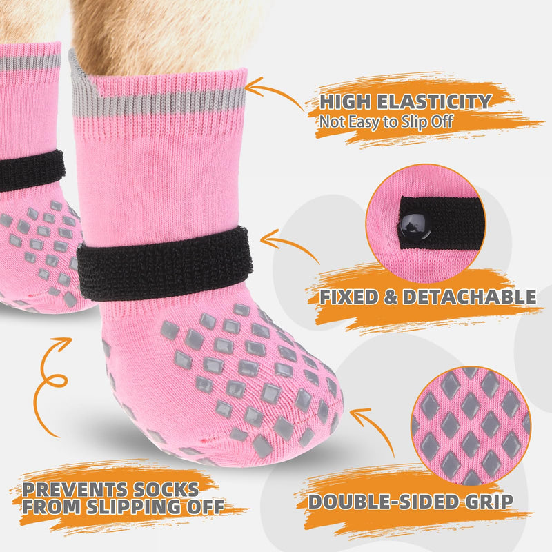 KOOLTAIL Anti Slip Dog Socks Booties to Prevent Licking Paws Scratching, Pet Boots&Paw Protector for Hardwood Floors, Dog Shoes for Winter, Traction Control Grip Socks for Small Medium Large Dogs XL X-Large（4 Pack） Pink