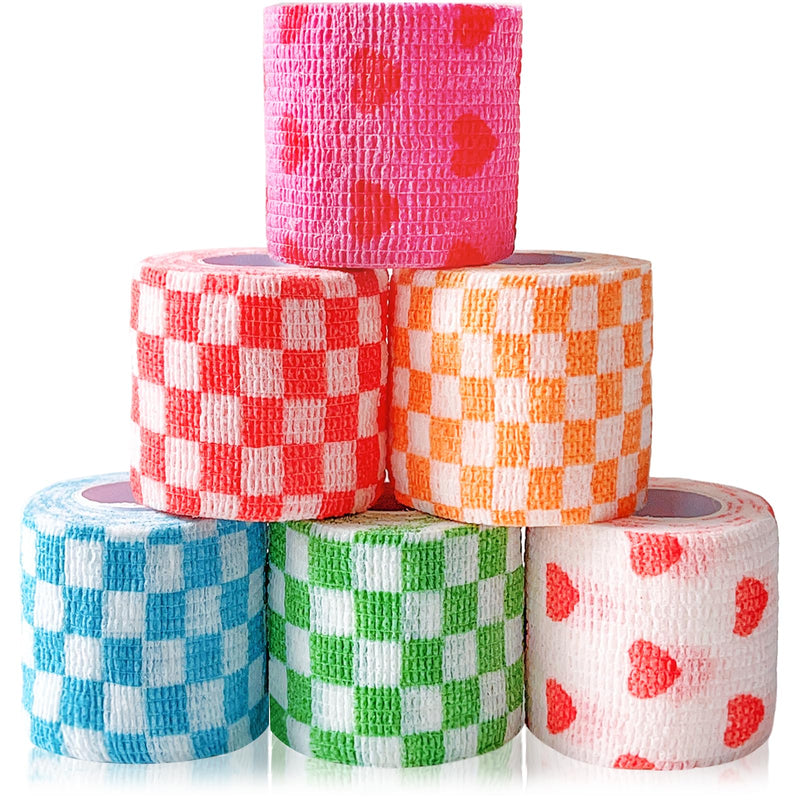6 Pack 2 Inch x 5 Yards Checkered and Heart Print Pet Vet Wrap for Dogs, Cats, Horses, Non-Woven Self-Adhesive Cohesive Bandage Rolls for Wound Care, Ankle Sprains, Swelling, First Aid Protection