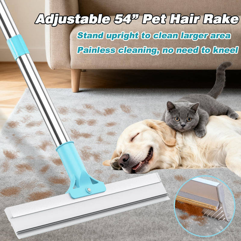 Hotsky Carpet Rake for Pet Hair Removal,3 in 1 Reusable Silicone Carpet Broom,54 inch Adjustable Cat Dog Hair Remover Tool with Lint Scraper and Patented Design for Rugs,Mats,Sofas,Floors Blue - PawsPlanet Australia