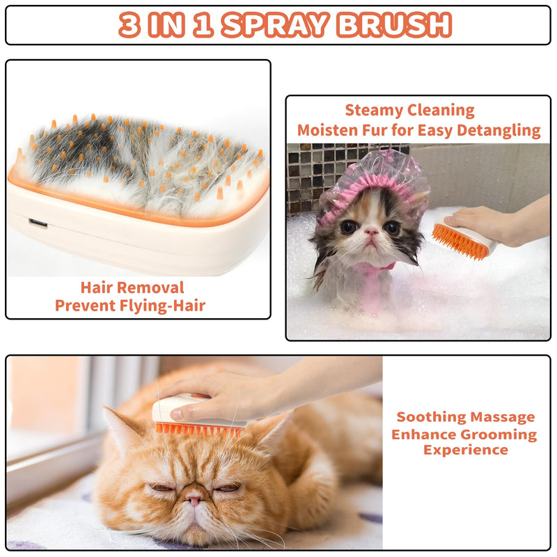 3 in 1 Steam Cat Hair Brush: Spray, Massage and Bath Cleaning for Dogs and Cats, Soft Silicone Brush for Hair Removal, Self-Cleaning Feature for Easy Use Orange & White - PawsPlanet Australia