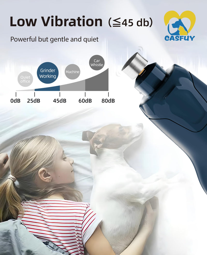 Casfuy Dog Nail Grinder Quiet - (45db) 6-Speed Pet Nail Grinder with 2 LED Lights for Large Medium Small Puppy Dogs/Cats, Professional 3 Ports Rechargeable Electric Dog Nail Trimmer with Dust Cap Blue - PawsPlanet Australia