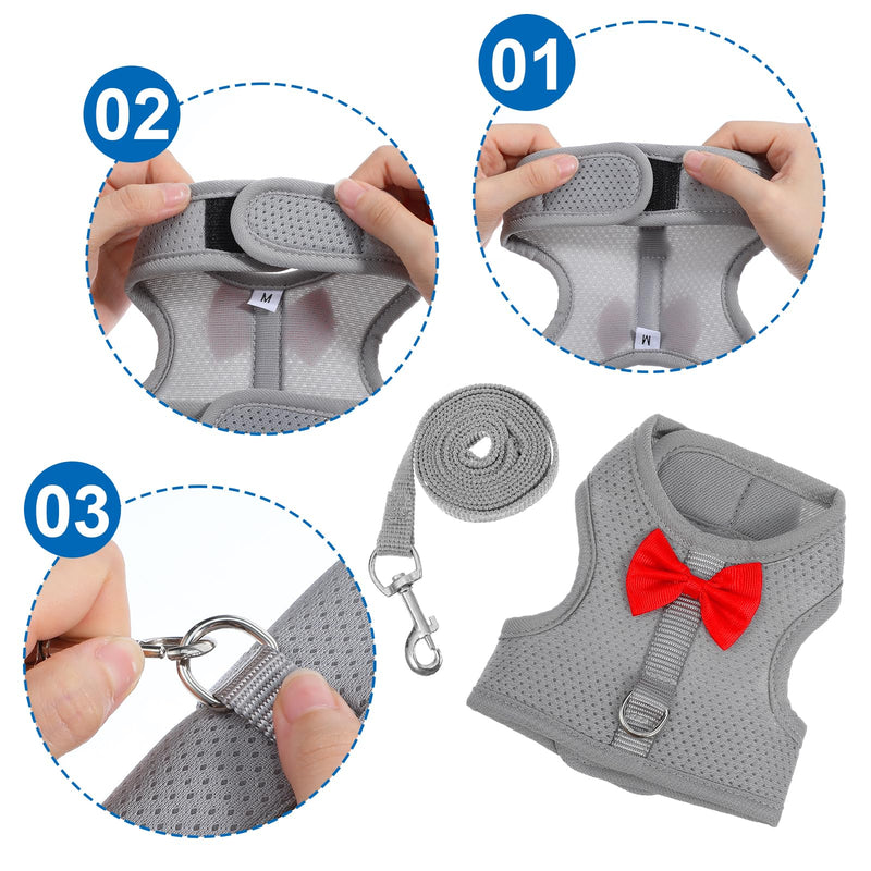 Rabbit Harness and Leash Set,Bunny Leash for Walking Escape Proof,Bunny Clothes with Cute Bow Mesh Breathable Adjustable Vest Rabbit Harness Camping Hiking Training for Ferret Kitten Puppy (Grey M) - PawsPlanet Australia