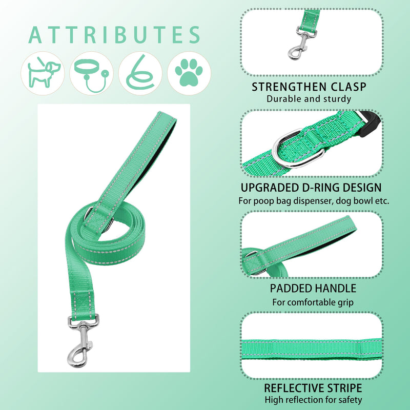 Reflective Dog Collar with Safety Locking Buckle, Adjustable Soft Breathable Nylon Collars for Small, Medium and Large Dogs(Collar+Leash XS Width 5/8" Turquoise) X-Small (Width 5/8")