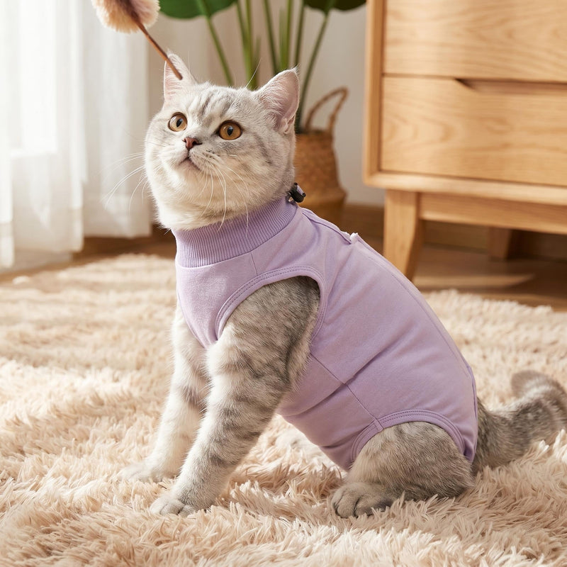 Cat Recovery Suit,Post Surgery Onesie for Kitten,Breathable Soft Anti Licking Cat Bodysuit,Spay Surgical Recovery Clothes for Abdominal Wounds Skin Diseases,Elizabethan Collar Alternative (Purple, L) Purple