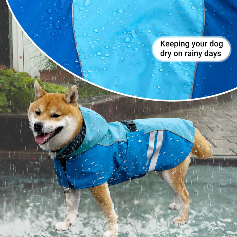 Waterproof Dog Raincoats with Hood for Medium Large Dogs, Poncho with Reflective Strap, Lightweight Jacket with Leash Hole. Blue - PawsPlanet Australia