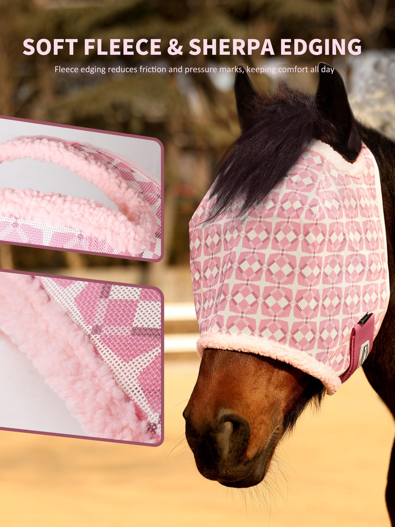 Tackmore Horse Fly Mask Without Ears, Breathable Structured Mesh for Horses, Soft Fleece Edging, UV Protection, Printed Turnout Mask for Pasture-Pink Print L Pink Print