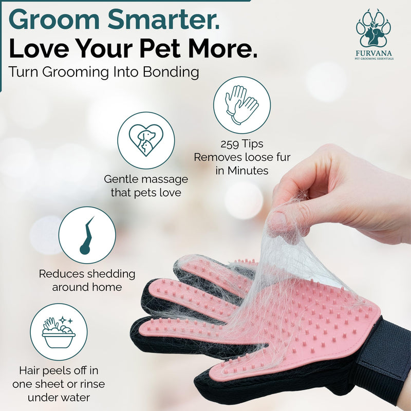 Pet Grooming Gloves for Dogs & Cats – Premium 259-Tip Deshedding & Massage Mitts, Easy-Peel Hair Removal, Adjustable Strap, 1 Pair (Blue/Pink) (Pink) Pink - PawsPlanet Australia