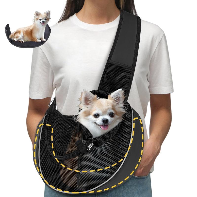 Detachable Hard Bottom Dog Sling for Small Dogs & Cats Up to 10 lbs- Upgraded Breathable Mesh, Adjustable Strap & Large Pocket - Hands-Free Pet Carrier for Travel Walking Hiking (Black Size M) Medium(5-10lbs) Black - PawsPlanet Australia