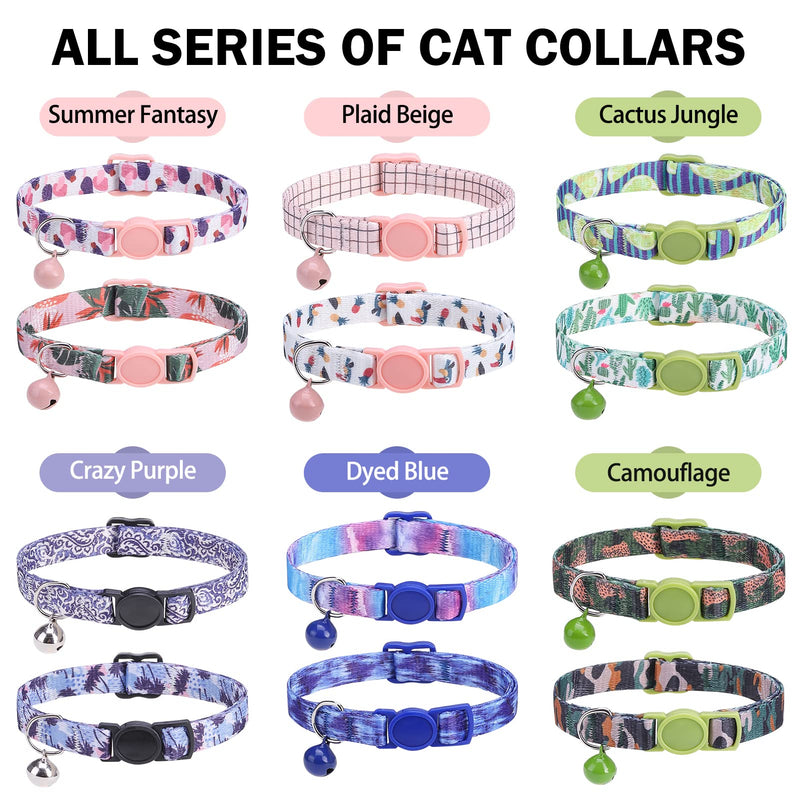 Breakaway Cat Collars for Girl Boy Cats, Spring Summer All Weather Cat Collar Personalized Pattern 2 Pack,Cute Classic Safety Buckles and Bells,Adjustable Printed Nylon Colorful Kitten Collar Cactus Jungle - PawsPlanet Australia