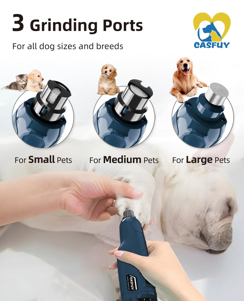 Casfuy Dog Nail Grinder Quiet - (45db) 6-Speed Pet Nail Grinder with 2 LED Lights for Large Medium Small Puppy Dogs/Cats, Professional 3 Ports Rechargeable Electric Dog Nail Trimmer with Dust Cap Blue - PawsPlanet Australia