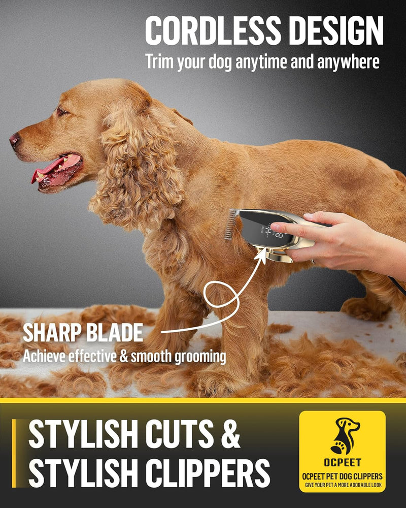 Dog Grooming Kit Low Noise?Cordless 4 in 1 Dog Clippers for Grooming Rechargeable Pet Cat Trimmer with 2 Speed,6 Guards,Scissors,Comb for Small Medium Large Pets Dogs Cats Thick Hair Cutting(Gold) Gold
