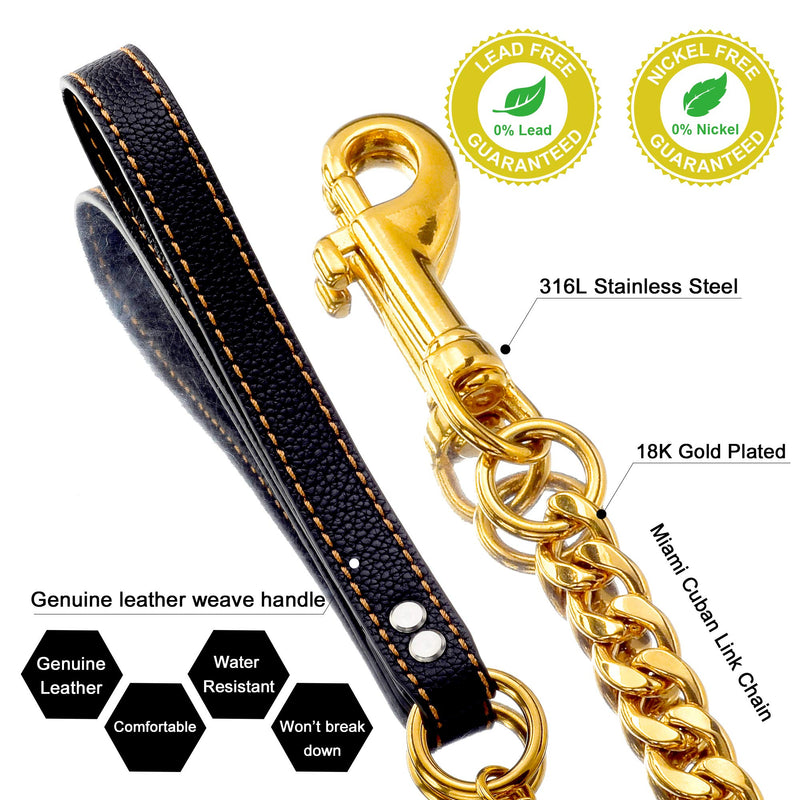Chain Dog Leash Metal Chew Proof Leash, Leather Handle 11mm Gold 18K 4.5FT Heavy Duty Pet Leash Chain, with Padded Handle for Large Medium Small Dogs (Totally Length of 4.5FT)