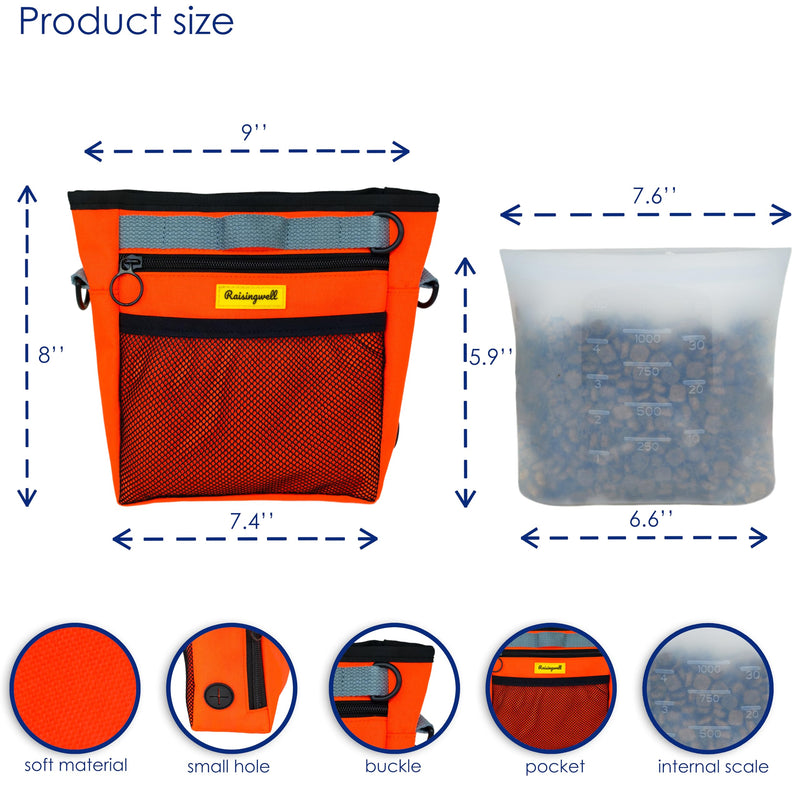 Dog Treat Pouch with Magnetic Closure 4-Cup Silicone Bag Fanny Pack Holder with Clicker 4 Ways to Wear Front Pocket Fits All Phones Ideal for Leash, Pet Walking and Training（Orange） 4CUP J.Orange - PawsPlanet Australia