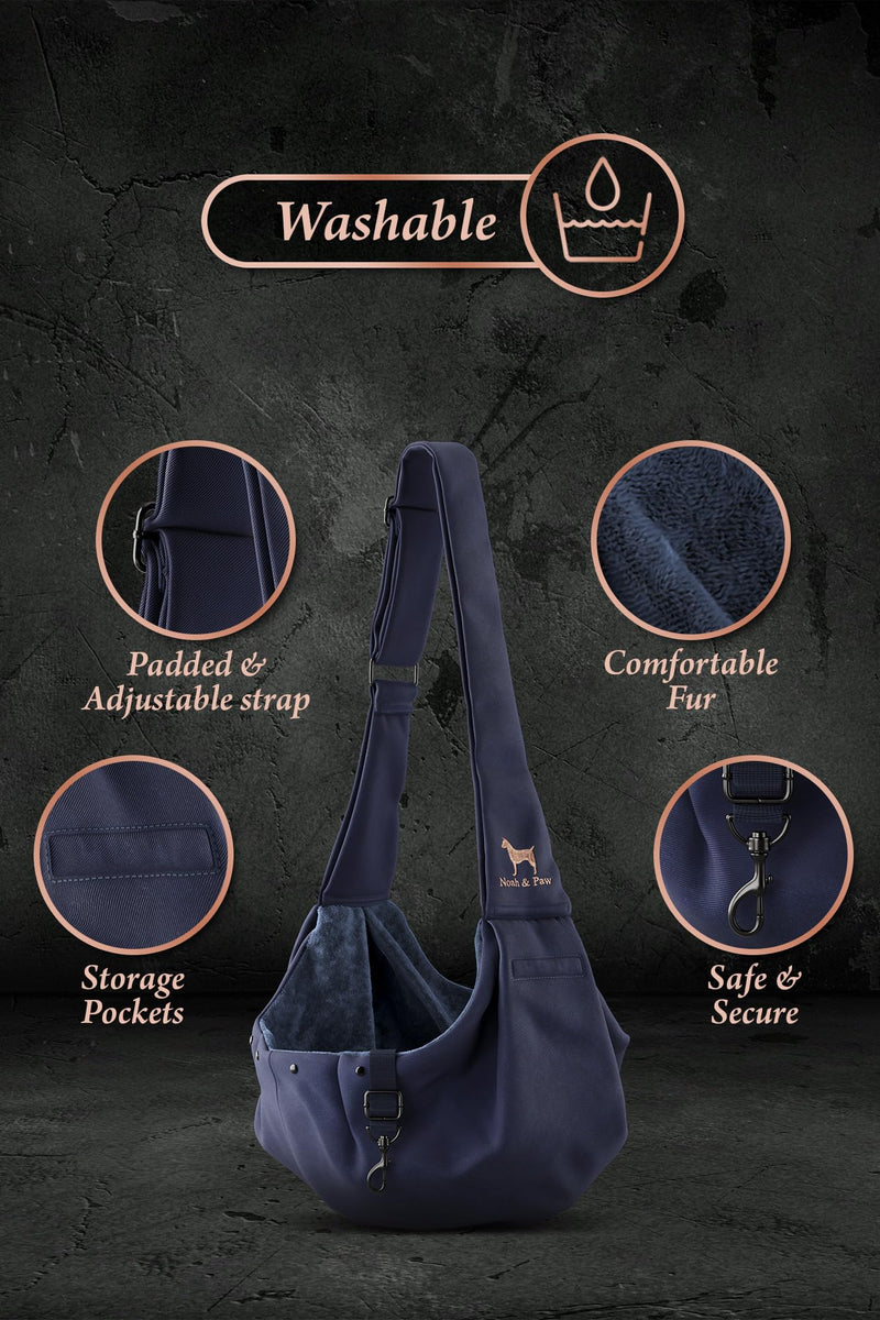 Noah & Paw Dog Sling Carrier for Small Dogs 5-18lb, Dog Sling for Small Dogs and Cats, Dog Carrier with Adjustable Padded Strap, Premium Twill, Lined with Fur, Double Safety Feature, Machine Washable Navy Blue 46 cm L x 33 cm W x 17 cm H - PawsPlanet Australia