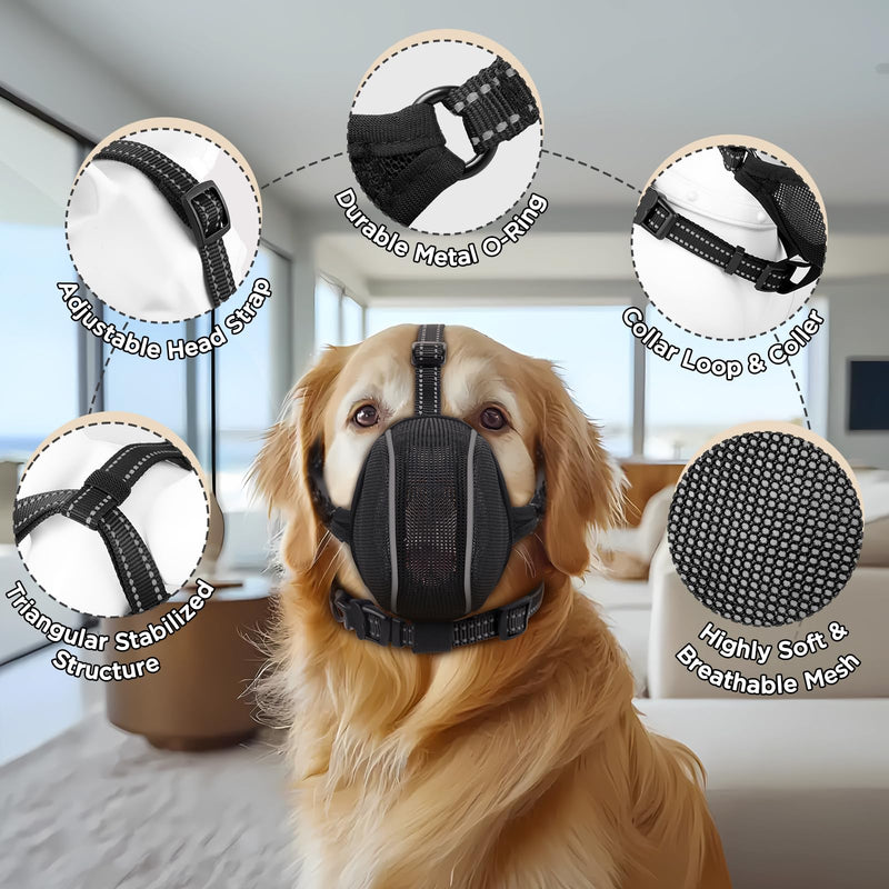 Dog Muzzle - Soft Breathable Mesh Nylon Adjustable Muzzle for Small Medium Large Dogs | Prevents Chewing,Biting & Scavenging | Allows Panting, Drinking & Grooming | Secure Collar Strap Design(Black M) Black Nylon - PawsPlanet Australia