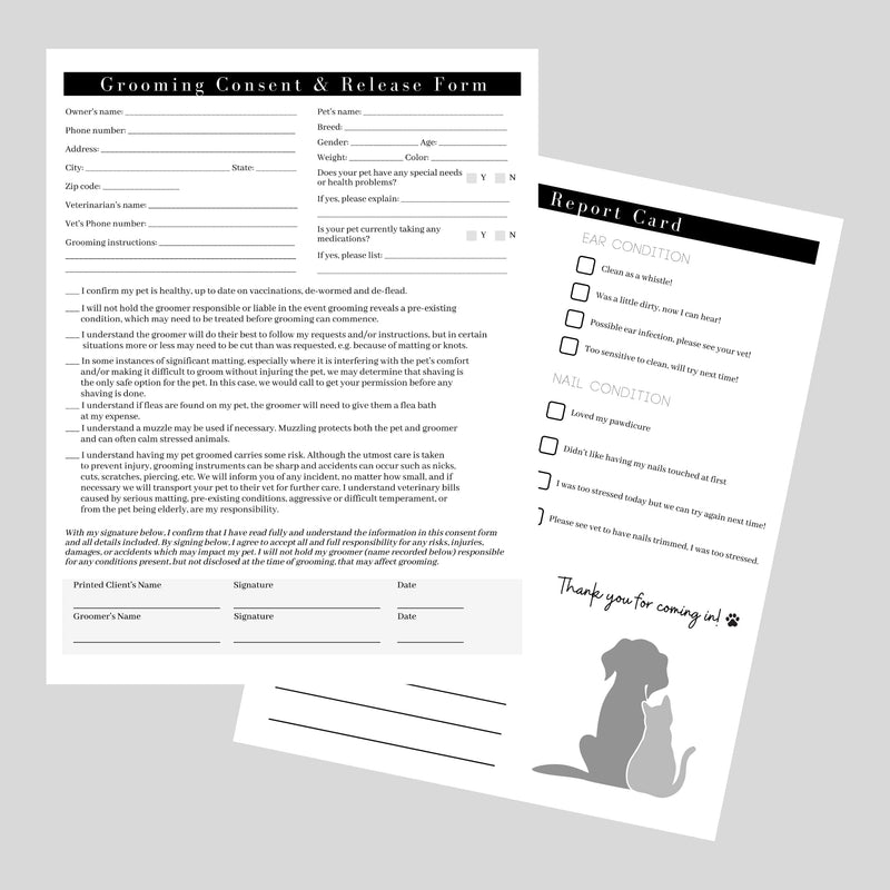 Pet Grooming Intake Forms, Consent & Release, Matted Coat Clip-Off Agreement, Pet Report Card | 50 pk, 25 of each, dbl sided | 8.5x11” Groomer Signature Client Grooming Tips Black and White Minimalist - PawsPlanet Australia