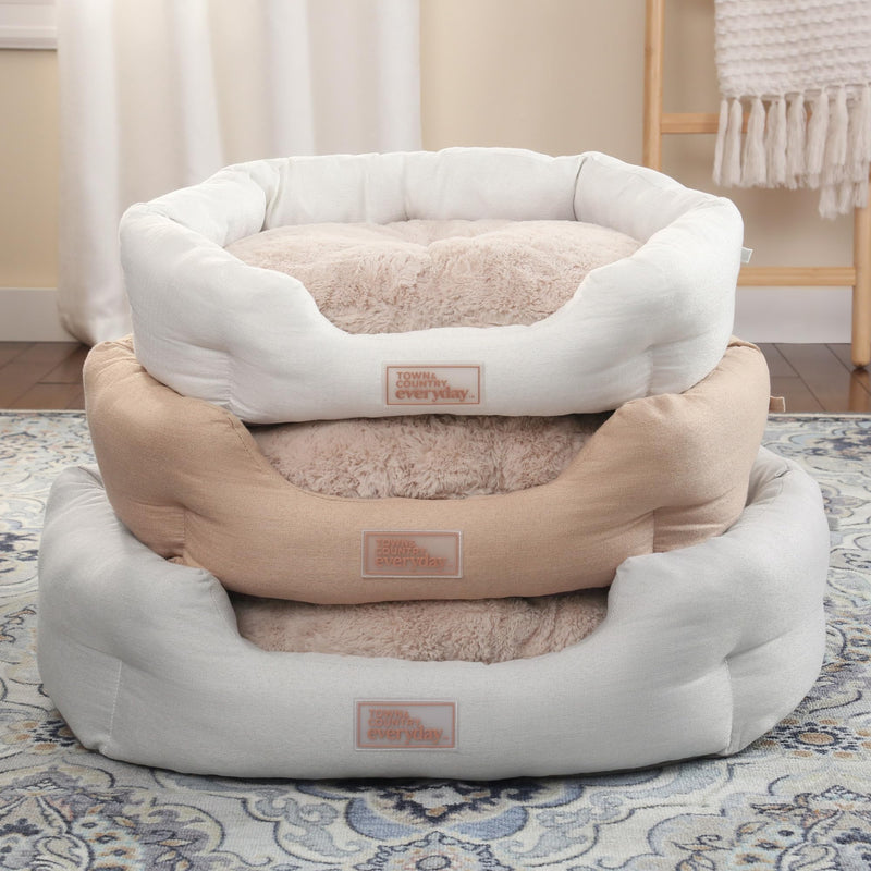 TOWN & COUNTRY EVERYDAY CuddleTown Faux Linen Comfy Cozy Cuddler Pet Bed, Supportive & Calming, Non-Slip Bottom, Machine Washable Cover, Cream, Small 22"x20"x7" - PawsPlanet Australia