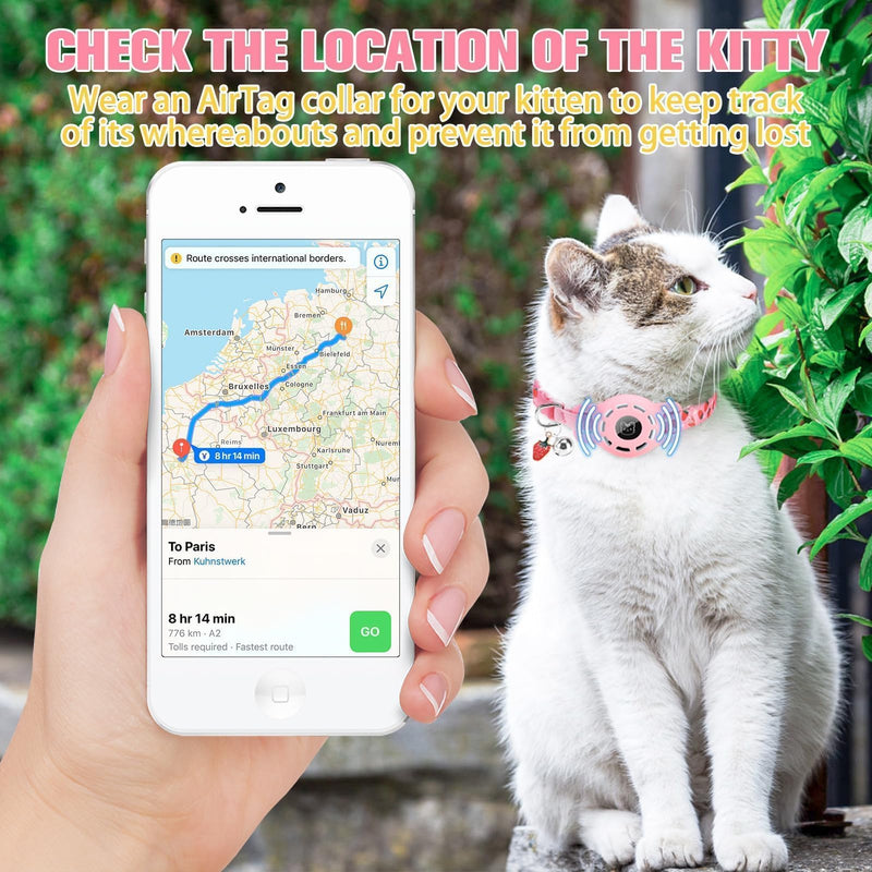 BINGPET AirTag Cat Collar with Bells, Upgraded Safety Elastic Cat Collar with Airtag Cat Collar Holder, Anti-Lost Cat Collars for Girl Boy Cats, Anti-Suffocation Kitty Puppy Collars Pink - PawsPlanet Australia