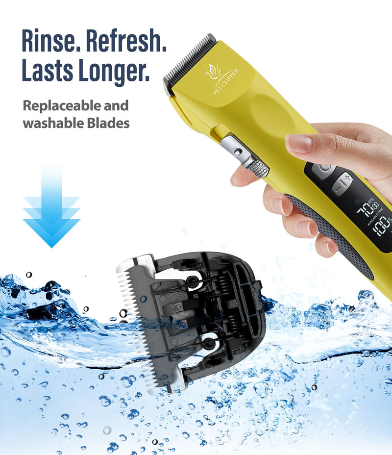 Professional Dog Grooming Clippers with 17H Runtime & Replaceable 440C Blade, 5-Speed Low Noise Electric Dog Shaver for Thick, Matted, Curly Hair, Cordless Clipper for Groomer & Home Use, Yellow Clipper+10FC Blade
