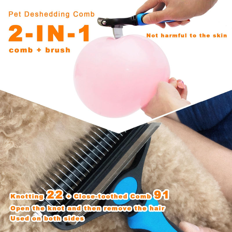 2 in 1 Dog Grooming Brush & Grooming Gloves Combo, Dematting Comb for Dogs - Deshedding Undercoat Rake, Pet Hair Grooming Brush for Long and Short Haired Dogs or Cats(Large, Blue) - PawsPlanet Australia