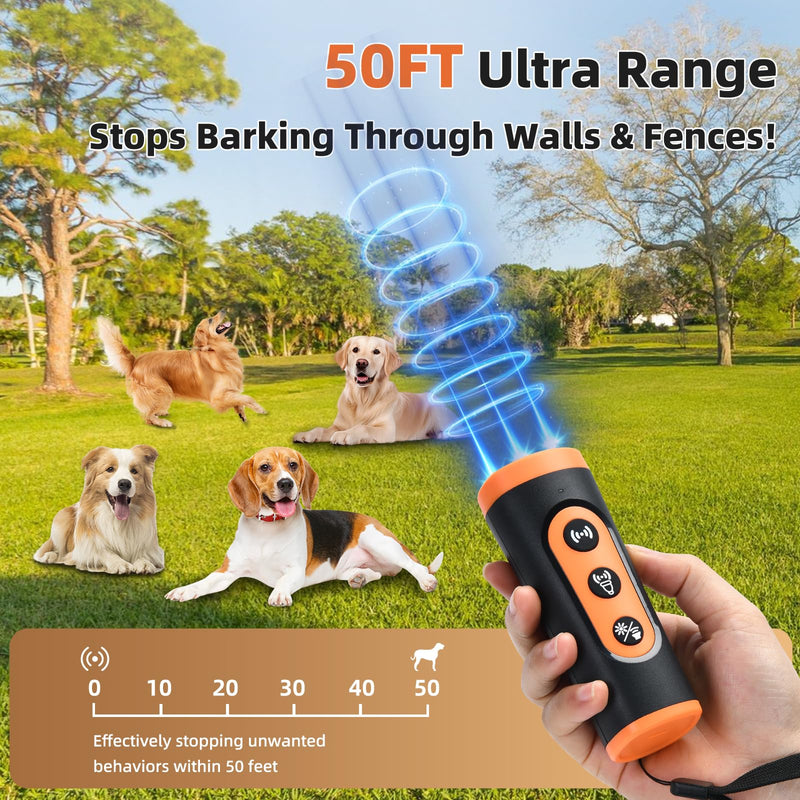 3-in-1 Ultrasonic Dog Bark Deterrent Device with Triple Emitters, 50ft Auto/Manual Bark Control, Rechargeable Battery, Strobe Light & Beep Trainer - Humane No Shock Solution for Aggressive Dogs - PawsPlanet Australia