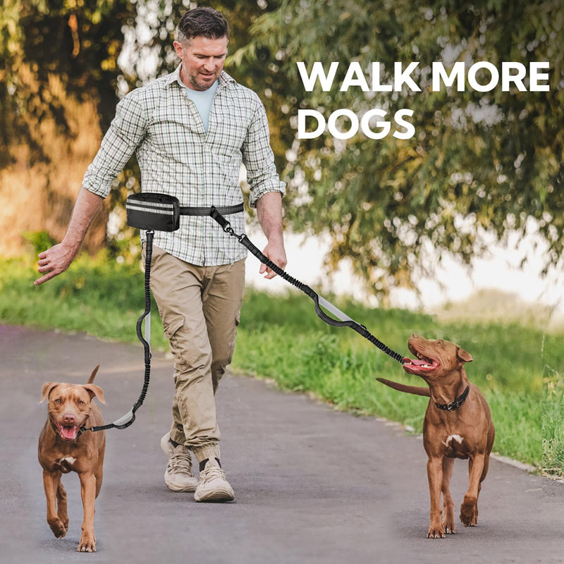 Hands Free Dog Leash with Pouch, Double Leash for Two Dogs, Retractable Bungee with Double Padded Handles, Dog Waist for Dog Walking,Dog Walking Accessories,Black Grey Black/Silver Gray Large 2 Leashes - PawsPlanet Australia