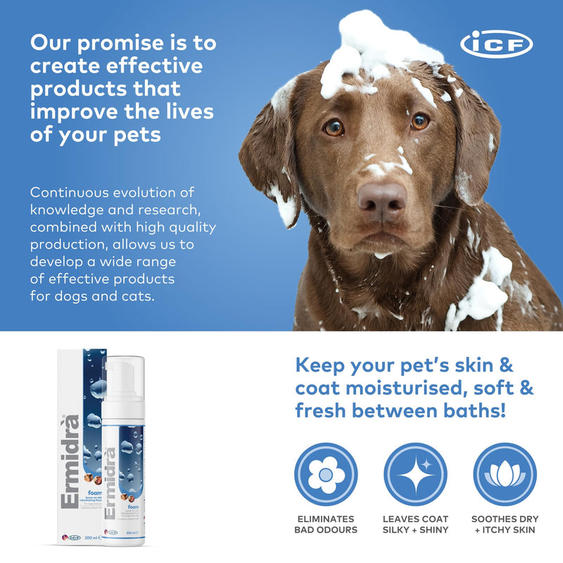 ICF | Ermidrà® Mousse Dog & Cat Dry Shampoo | Foam for Cleansing Soothing & Itch Relief | Relieves Dog & Cat Dry Skin, Rash, Scratching | 200 ml 200 ml (Pack of 1) - PawsPlanet Australia