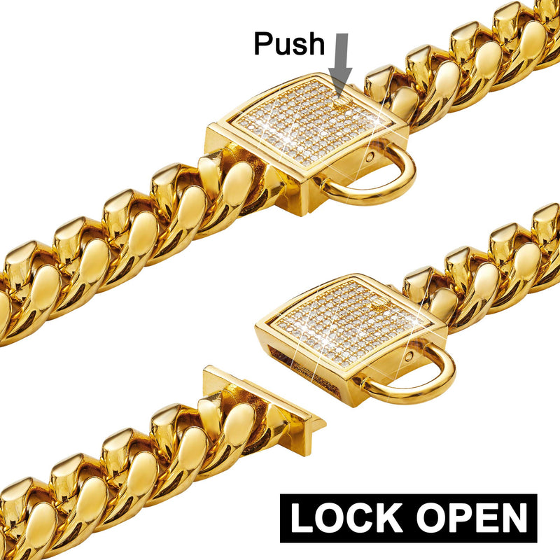 ToBeTrendy Cuban Link Dog Collar Designer Gold Chain Collar with Zirconia Locking 14mm Metal Puppy Collar Luxury Dog Bling Necklace(12 to 26in) 14" (Fits Neck 12" to 13.5") - PawsPlanet Australia