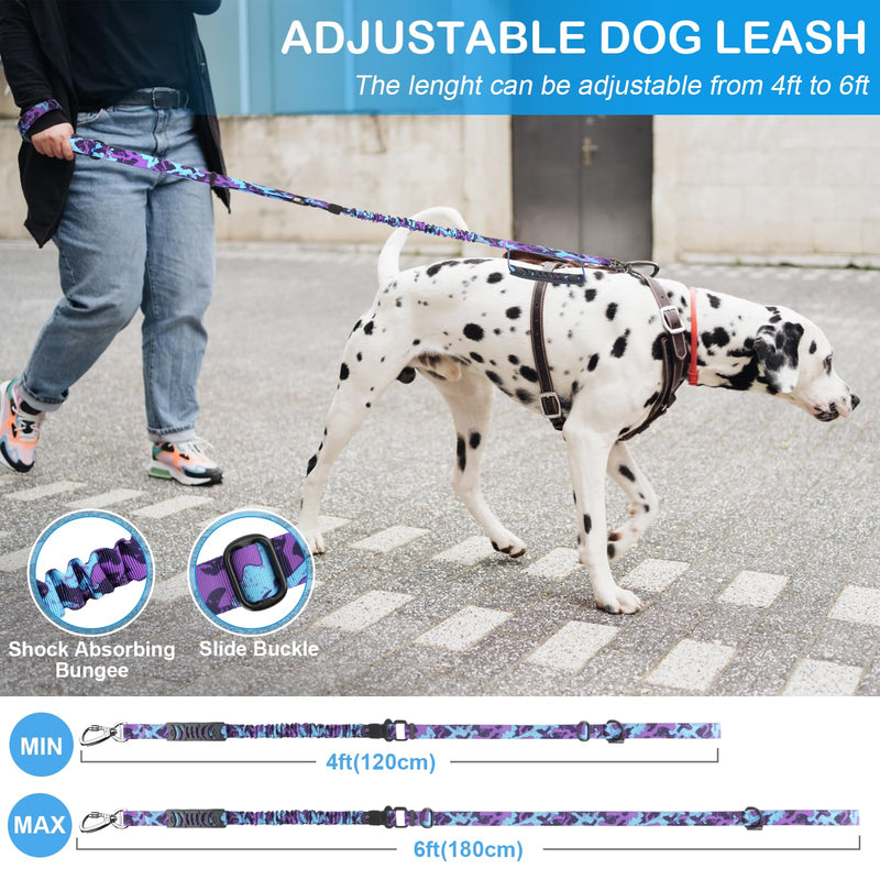 Tactical Dog Leash Heavy Duty, 4-6FT Shock Absorbing Bungee Dog Leash, Strong No Pull Military Dog Leash with 2 Control Handles and Car Seatbelt for Medium Large Dogs, Purple Camo - PawsPlanet Australia