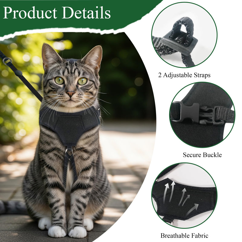 A1HC Escape Proof Cat Harness and Leash - Soft Adjustable Vest, Comfortable Mesh and Long Strips with Air Tag Pocket, Easy Control, Safe Walking Harness for Cats & Kittens - Black (Medium) Medium - PawsPlanet Australia