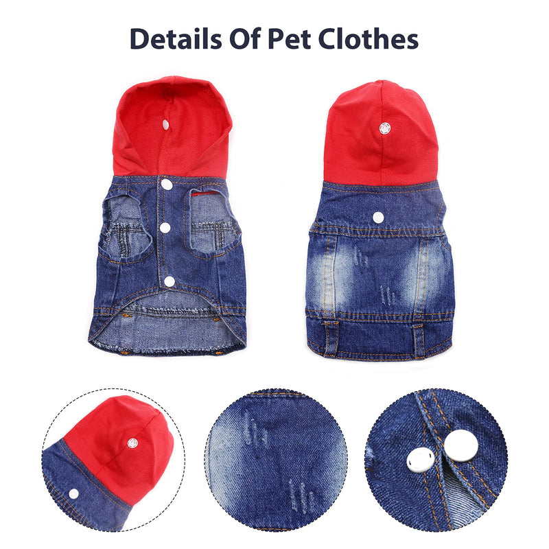 SILD Pet Clothes Dog Jeans Jacket Cool Blue Denim Coat Small Medium Dogs Lapel Vests Classic Hoodies Puppy Blue Vintage Washed Clothes (Red,M) Red - PawsPlanet Australia