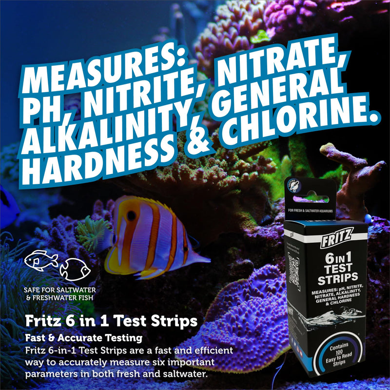 Fritz 6 in 1 Aquarium Test Strips - Monitor Nitrates, Nitrites, Water Hardness, Chlorine, Alkalinity and pH Level - 100 Count - PawsPlanet Australia