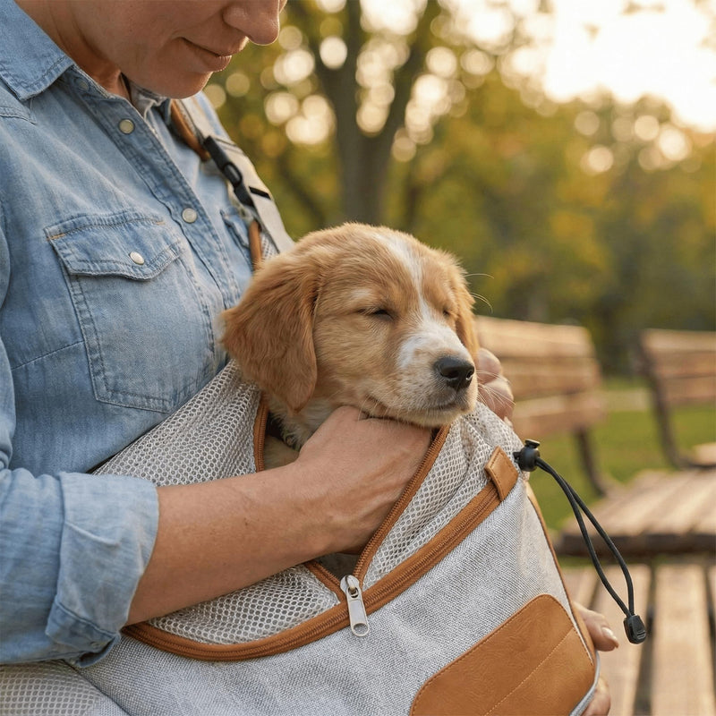 Hands-Free Sling Pet Carrier for Cats and Small Dogs up to 12lbs – Travel Set Includes Foldable Water Bowl & ID Card – Breathable Mesh, Safety Hook & Adjustable Padded Strap for Walking & Travel Beige - PawsPlanet Australia