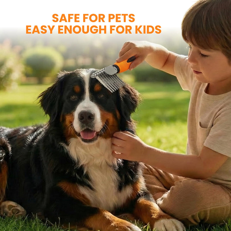 Poodle Dematting Fur Rake Comb Brush for Dogs and Cats - Long 2.5" Steel Safety Blades Metal Comb for Detangling Matted or Knotted Undercoat Hair (Orange) Dematting Comb Orange